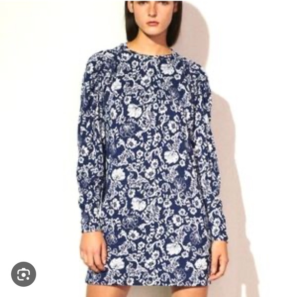 NWT! [Zara] Sweater Tunic Mini Dress Navy Blue Floral Size Large Boho Retro - Picture 1 of 12